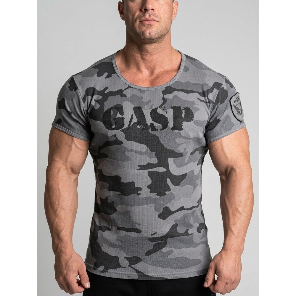 GASP Ribbed T-Shirt Mens Large Gray Camo Muscle Fit Distressed Bodybuilding